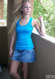 Hot blonde teen in skirt strips outdoor