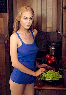 Bright eyed beauty Nancy A is in the kitchen