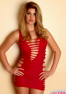 blonde girl Arielle in skin-tight red dress with rips